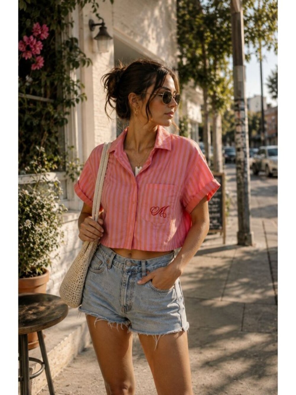 NWT Anthropologie Maeve Pink Orange Stripe Short Sleeve Monogram Crop Top S